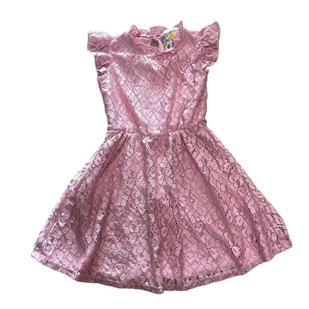 Jenna & Jessie pink lace dress with slip key whole back with button at neckline